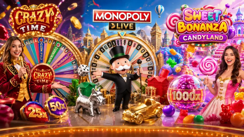Populairste live game shows Crazy Time Monopoly Live en Sweet Bonanza Candyland