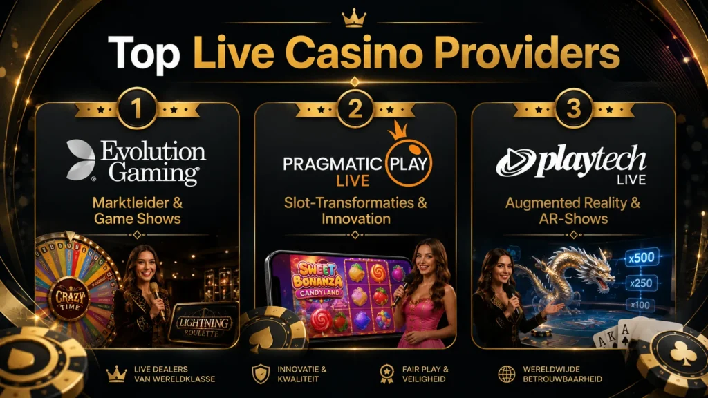 Live casino software providers vergelijking Evolution Pragmatic Play en Playtech op livecasinospellen.be